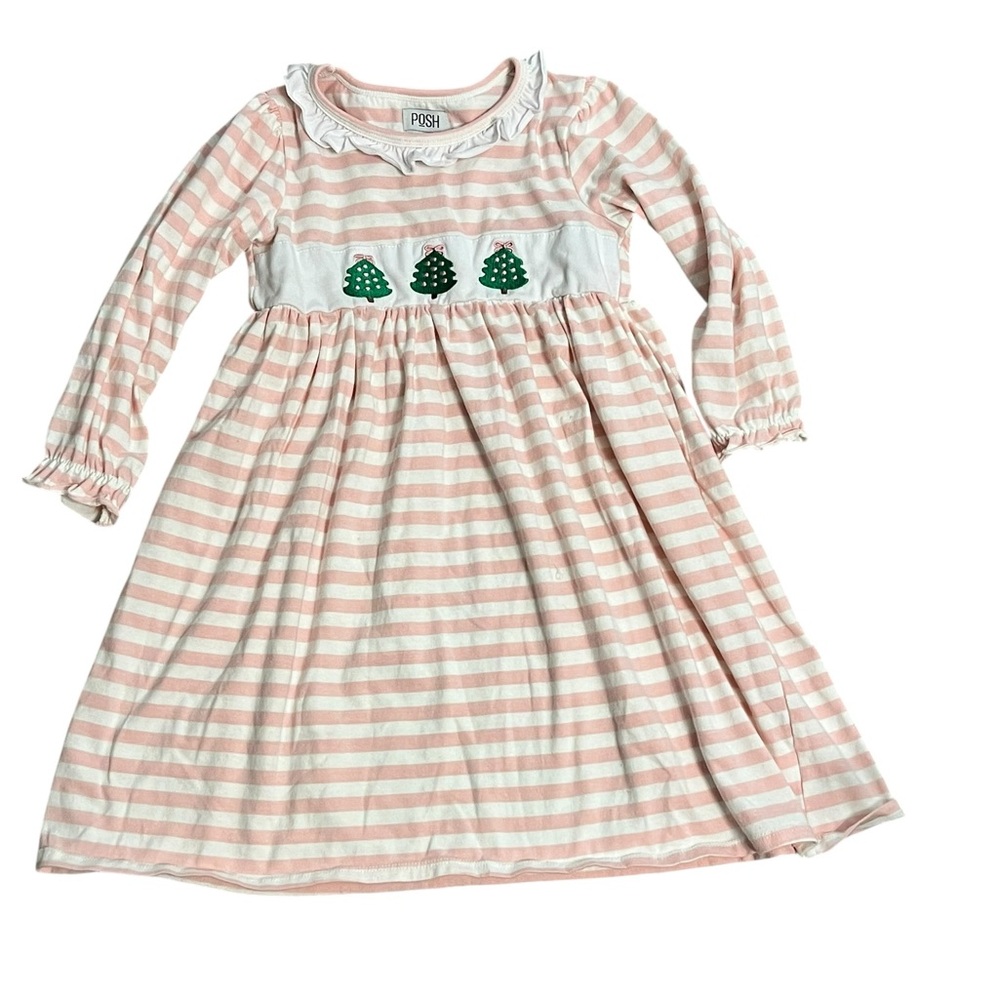 Girls Posh Casual Dress 6 Pink White Striped Christmas Trees